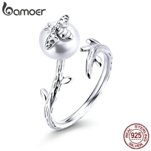 Bamoer Real 925 Sterling Silver Bee on the Pearl Open Adjustable Finger Rings for Women Elegant Fashion Jewelry BSR101