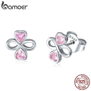 BAMOER Real 925 Sterling Silver Infinite Love Pink  Heart Clover Small Stud Earrings for Women Authentic Silver Jewelry SCE455