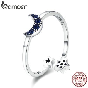 BAMOER Real 925 Sterling Silver Sparkling Blue Moon Star Clear CZ Finger Rings for Women Wedding Engagement Jewelry anel SCR437