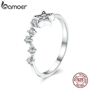 BAMOER Real 925 Sterling Silver Sparkling Secret Of Stars Clear CZ Finger Rings for Women Wedding Engagement Jewelry anel SCR440