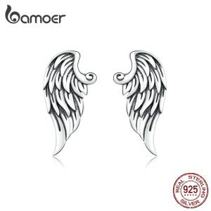 Bamoer Retro Wings Stud Earrings for Women Genuine 925 Sterling Silver Vintage Design Ear Pin Studs Fine DIY Jewelry BSE343