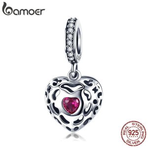 BAMOER Romantic 925 Sterling Silver Happiness Heart Pink CZ Pendant Charms Fit Original Bracelets Necklaces DIY Jewelry SCC1007