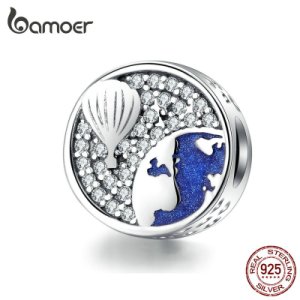 bamoer Round Metal Beads for Women Charms Silver 925 Original Bracelet & Bangle Jewelry Air Balloon Blue Enamel Charm SCC1345