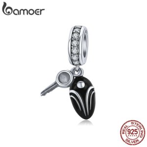 bamoer Silver 925 Car Vehicle Key Pendant Charm for Original Bracelet Bangle Blace Enamel 925 Sterling Silver DIY SCC1429