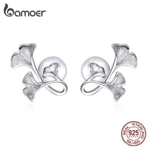 bamoer Silver 925 Design Ginkgo Leaf Stud Earrings for Women Real Sterling Silver Luxury Brand Jewelry Pendiente New BSE328