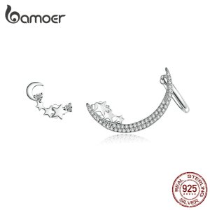 BAMOER Star & Moon Earrings 925 Sterling Silver Asymmetry Shining Crystal Stud Earring for Women Luxury Brand Jewelry SCE616