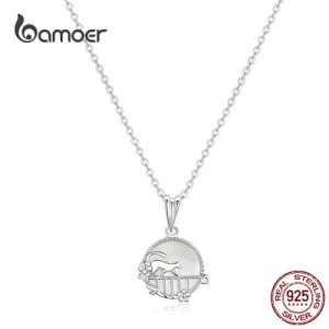 bamoer Strolling Cat Animal Pendant Necklace for Women 925 Sterling Silver Natural Shell Chain Necklace Korean Jewelry SCN334