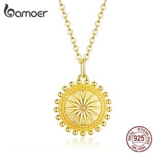 bamoer Sun Coin Pendant Neckalce for Women Gold Color Genuine 925 Sterling Silver Chain Necklaces Collier Fashion Jewelry SCN353