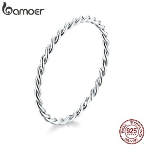 Bamoer Twisted Minimalist Finger Rings for Women 925 Sterling Silver Hypoallergenic Jewelry Gift Female Slim Ring SCR640
