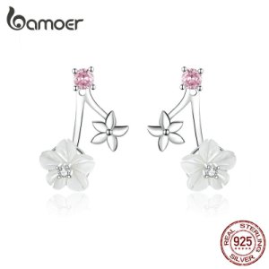 Bamoer White Pure Shell Flower Stud Earrings for Women Authentic 925 Sterling Silver Flower Korean Style Jewelry BSE218