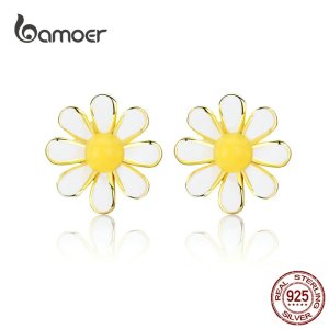 bamoer Yellow and White Daisy Stud Earrings for Women Solid Silver 925 Enamel Flower Earing Gifts for Girl Ear Pins BSE203