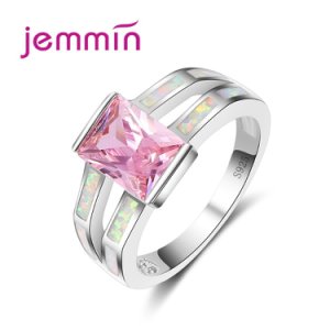 Big Square Pink Stone White Fire Opal Ring 925 Sterling Silver Jewelry Ring for Women Wedding Accessories