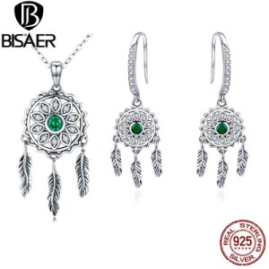 BISAER 925 Sterling Silver CZ Bohemia Dreamcatcher Necklace Bracelet Earrings Jewelry Sets Gifts for Women Free Gift Box GUS069