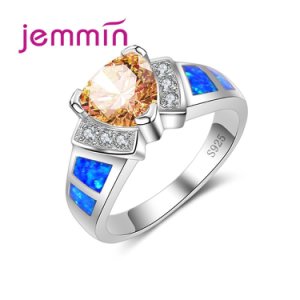 Blue Fire Opal Rings with Orange AAA CZ Crystal Ring For Women Fashion Engagement Wedding Brand Jewelry