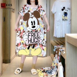 Cartoon Women Nightdress Mickey Print Loose Plus Size T-Shirt For Female Short Sleeve Summer Nightgowns Fashion Ladies Clothes