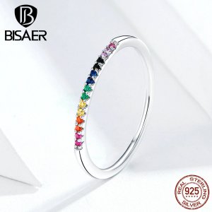 Colorful Zircon Ring BISAER On Sale 925 Sterling Silver Rainbow Zircon Ring For Women Wedding Bridal Anel Jewelry ECR583
