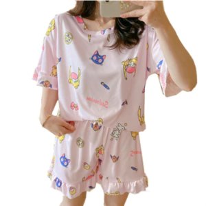Cotton Cute Sailor Moon Print Women 2 Pcs Pajamas Sets Summer Short Sleeve Ruffle Side Sleepwear Pijama Mujer Female Nightsuit