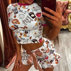 Cute Coconut Pattern Printing Two Piece Pajama Sets Sleepwear Women Fashion Casual Short Sleeve Crop Tops And Shorts Sexy Summer