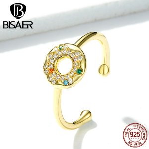 Donuts Anel BISAER Authentic 925 Sterling Silver Sweet Donuts Adjustable Finger Rings for Women Sterling Silver Jewelry EFR070