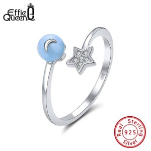 Effie Queen Adjustable Aquamarine Finger Rings 925 Sterling Silver Moon Star Shape With AAAA Zircon For Women Jewelry Gift BR141