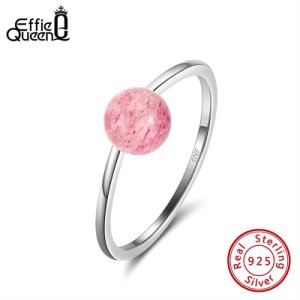 Effie Queen Simple Trendy 925 Sterling Silver Finger Ring With Cute Natural Strawberry Quartz Rings For Women Jewelry Gift BR156