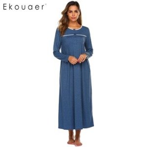Ekouaer Women Maxi Nightgown Autumn Nightwear Dress O-Neck Long Sleeve Solid Loose Nightdress Chemise Sleepwear