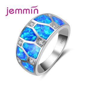 Elegant Blue Opal Ring Fashion White CZ Wedding Jewelry 925 Sterling Silver Engagement Promise Rings