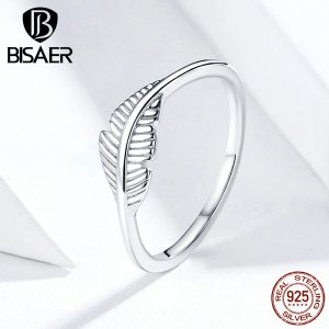 Feathers Rings BISAER Hot Sale 925 Sterling Silver Vintage Feathers Wings Finger Rings for Women Sterling Silver Jewelry ECR582