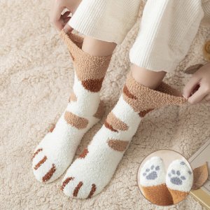 Female Cat Claws Socks Original Plush Coral Fleece Socks Autumn and Winter Cute Thick Warm Sleep Floor Socks Tide Sleep Socks
