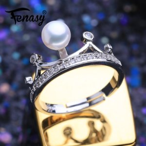 FENASY Natural Freshwater Pearl Rings New Fashion Trendy Crown Shape Zircon Party Silver Adjustable Rings For Women