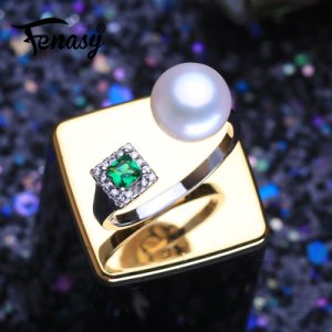 FENASY Trendy Green Stones 925 Sterling Silver Ring With Genuine Natural Freshwater Pearl Bohemian Emerald Rings For Women