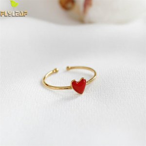 Flyleaf 925 Sterling Silver Red Drop Glaze Heart Open Rings For Women Simple Girl Gift Fashion Jewelry