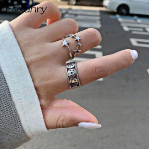 Foxanry New Terndy 925 Sterling Silver Rings Vintage Stars Pentagram Smiling Face anillos Jewelry Elegant Party Accessories