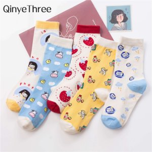 Funny cartoon animal fruit characteristic mid tube socks angel UFO cow strawberry girl patterned hipster street young sox