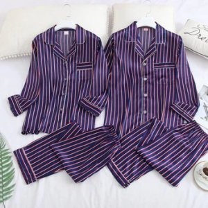 FZSLCYIYI Couple Pajama Sets Silk Satin Pijamas Striped Sleepwear Home Suit Pyjama For Lover Man Woman Lovers' Clothes M-3XL
