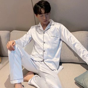 FZSLCYIYI Summer Suit Long Sleeve pants Silk Men Pajama Sets Sleep White Satin Sleepwear Men Rayon Pyjama Men Pyjamas Male
