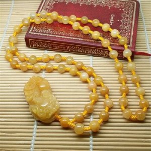 Hand Carved Natural Old Topaz Attract Wealth Three Coin Pixiu Pendant Necklace Long Jade Beads Chain Women or Men Sweater Chain