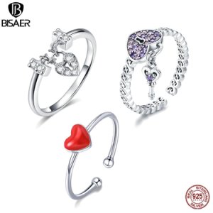 Hot Sale BISAER Purple Crystal Original 925 Sterling Silver Ring Love Heart Infinity Finger Rings for Women Engagement Jewelry