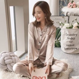 Hot Selling Imitated Silk Fabric Cardigan Long Sleeve Pajamas Women's Tracksuit Piece-Victoria's Secret Solid Color