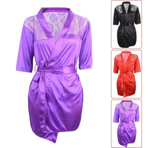 Hot Sexy Lingerie Silk Lace Black Kimono Intimate Sleepwear Robe Night Gown With Belt Black Purple Red Colors