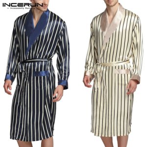 INCERUN 2020 Men Robes Casual Kimono Fashion Bathrobes Long Sleeve Nightgown Striped V Neck Soft Loose Men Pajamas Homewear 5XL