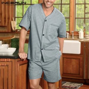 INCERUN Fashion Striped Sleepwear Suits Homwear Mens Striped Pajamas Sets Summer V Neck Blouse Drawstring Shorts Sets 2 Pieces 7