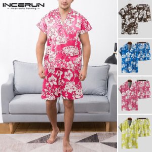 INCERUN Men Nightwear Pajamas Sets Floral Printed V Neck Short Sleeve Casual T-shirt Short Bottoms Man Sleepwear Suits Plus Size