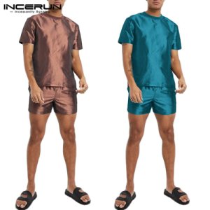 INCERUN Men Pajamas Sets Short Sleeve Solid Color Tops Shorts Summer Silk Homewear Mens Casual Comfortable Two-Piece Sleepwear
