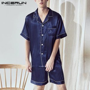 INCERUN Men's Short Sleeve Short Pants Pajamas Sets Summer Solid Color Home Sleepwear Causal Loose Ice Silk Lapel Nightwear 5XL