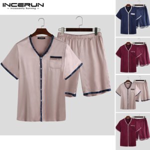 INCERUN Men Summer Pajamas Sets Short Sleeve Shorts Soft Pyjamas Tops Fashion Patchwork  Sleepwear Sets Breathable Homewear 5XL