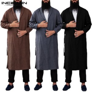 INCERUN Sexy Men Solid Color Long Sleeve Casual Bathrobe Fashion Kimono Cardigan Comfort Cotton Nightwear Mens Gown Dress Pajama
