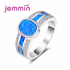 Jammin Round Blue Opal Ring Much Crystal Rhinstone Surrounded S925 Sterling Sliver Ring Women Fashion Choice