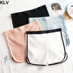 Japanese Women Skinny Safety Pants Thread Ribbed Knit Sleep Lounge Sports Pants Mid Rise Side Slit Solid Color Underpants