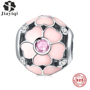 Jiayiqi 925 Pink Magnolia Silver Bead Authentic Sterling Silver Charm Beads Fit Brand Charm Bracelet DIY Original Silver Jewelry